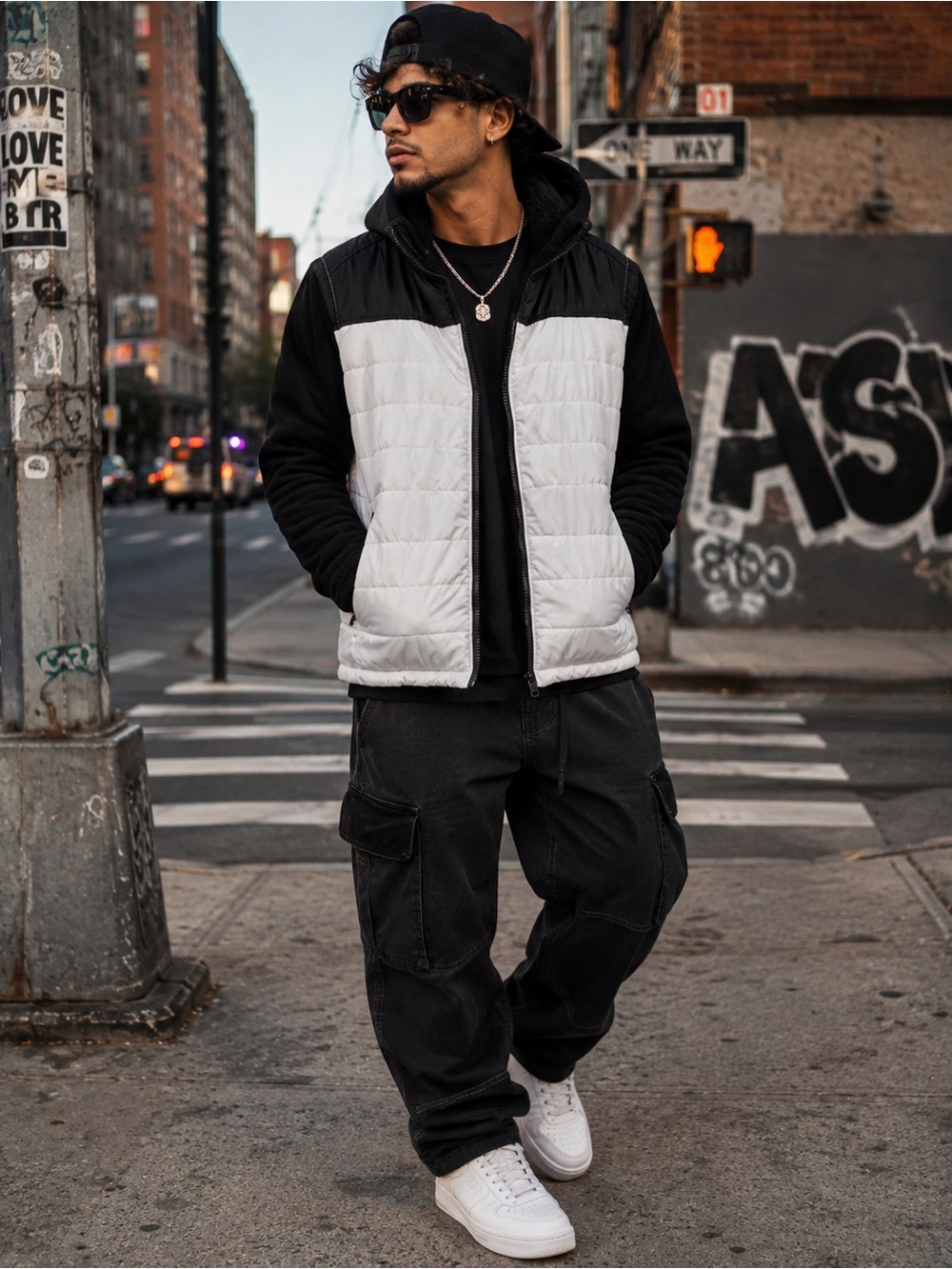 Distortion Black & White Quilted Sherpa Hooded Jacket – Size XL